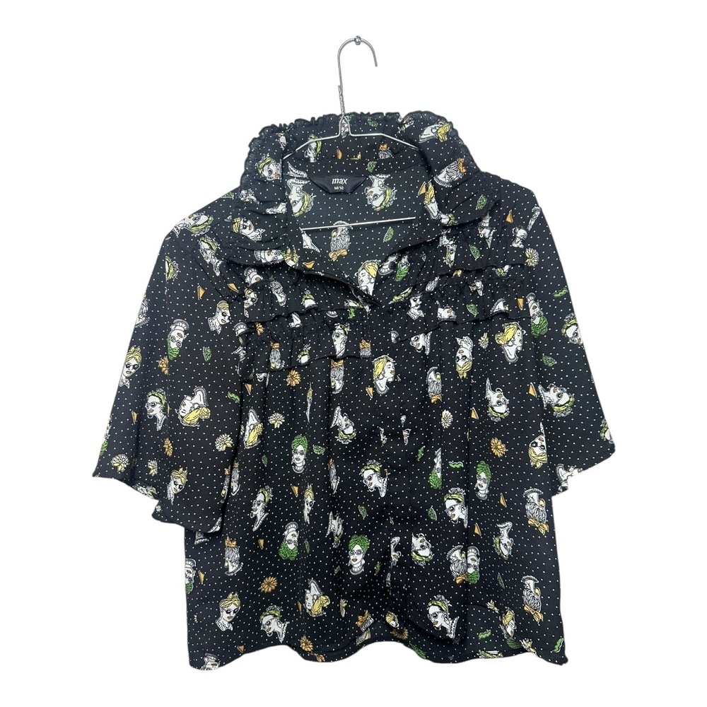 Max Women's Women's Black Artistic Face‎ Print Ruffle Blouse Size M/12